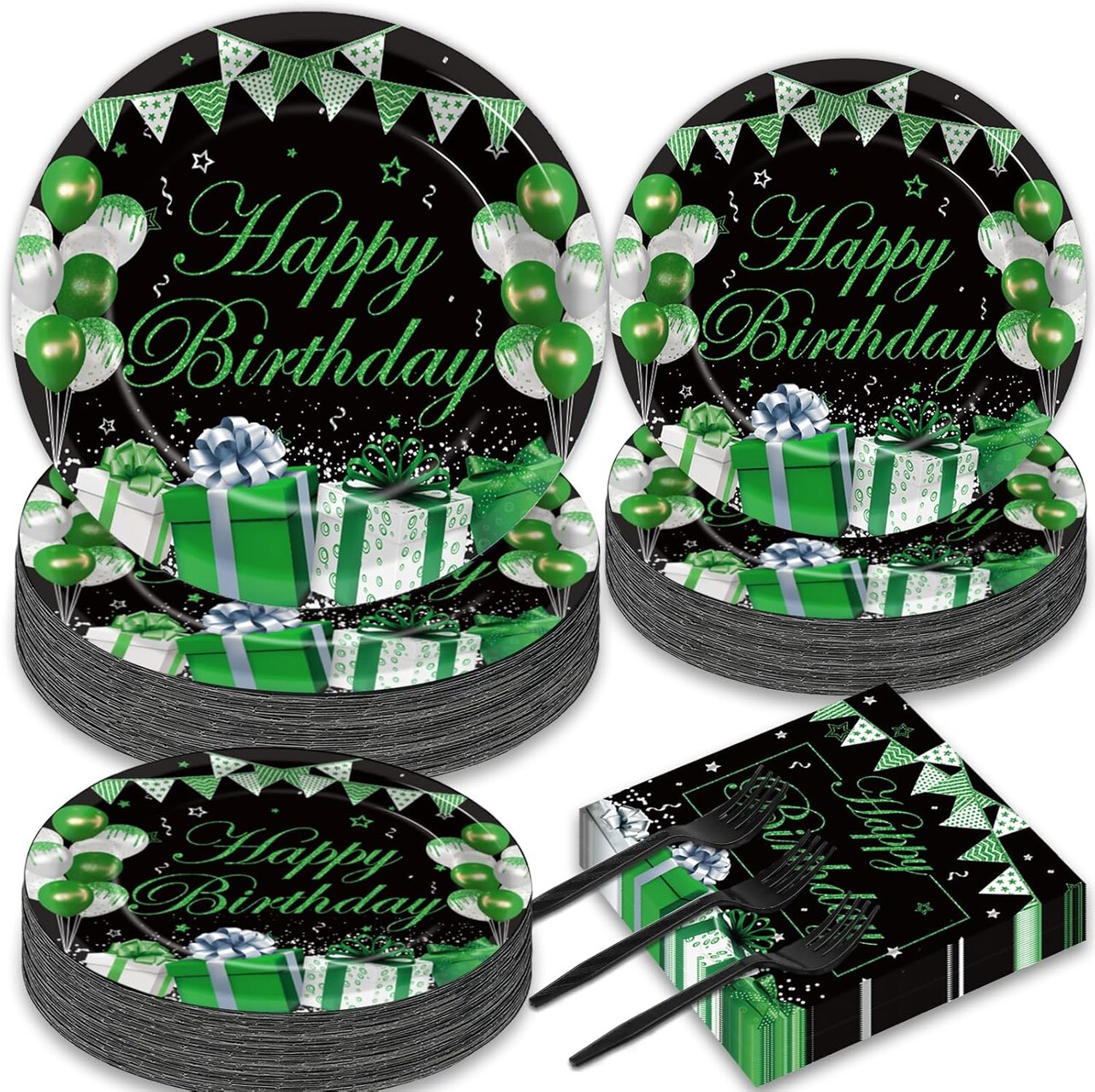 200PCS Green and Black Silver Party Tableware Set Confetti Sprinkles Green Birthday Plates Napkins Forks Table Decors for Men Women, 50 Guests